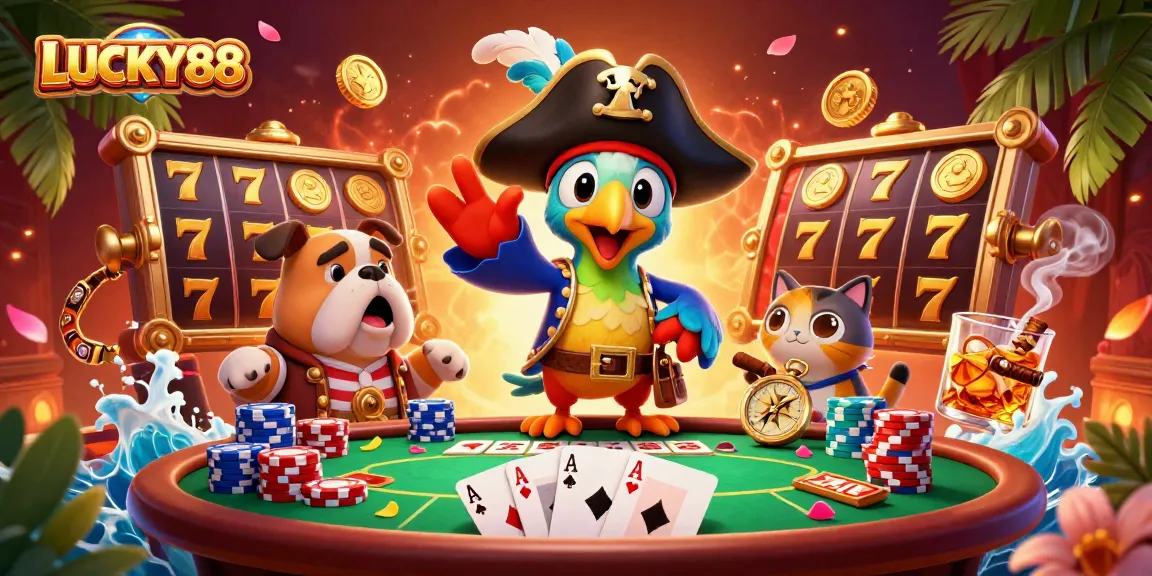 Experience thrilling LUCKY88 jackpots with a vibrant pirate-themed cartoon casino scene.