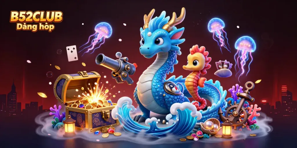 B52CLUB Đăng nhập dynamic illustration with a dragon, seahorse knight, and glowing jellyfish in an underwater casino.