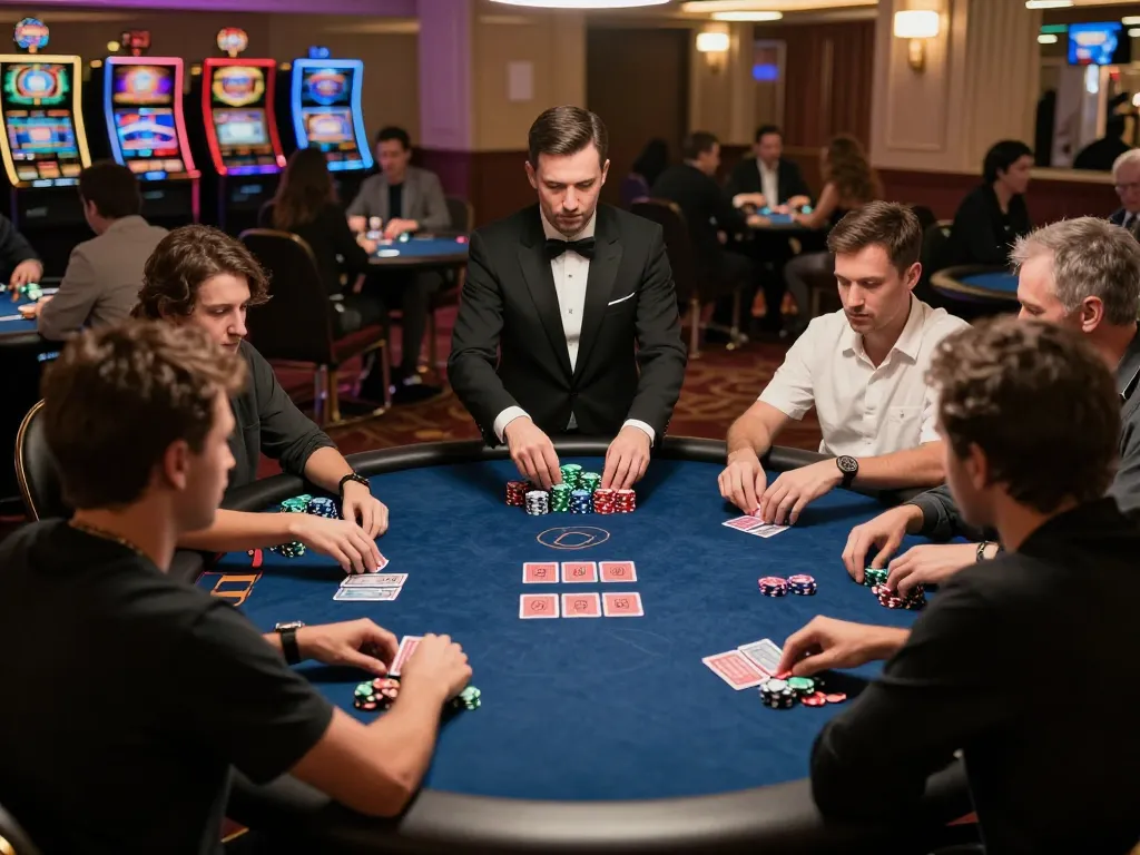 F8BET players engaging in a thrilling high-stakes poker game at an upscale casino setting