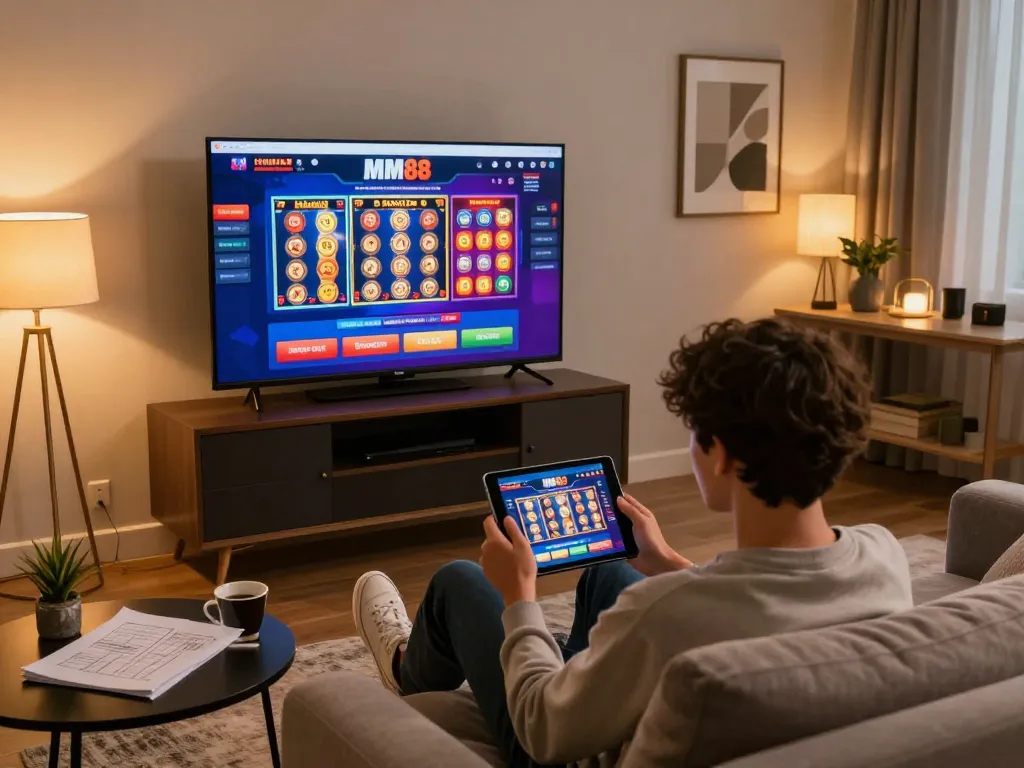 Engaging in MM88 online casino gaming on a tablet while relaxing at home.