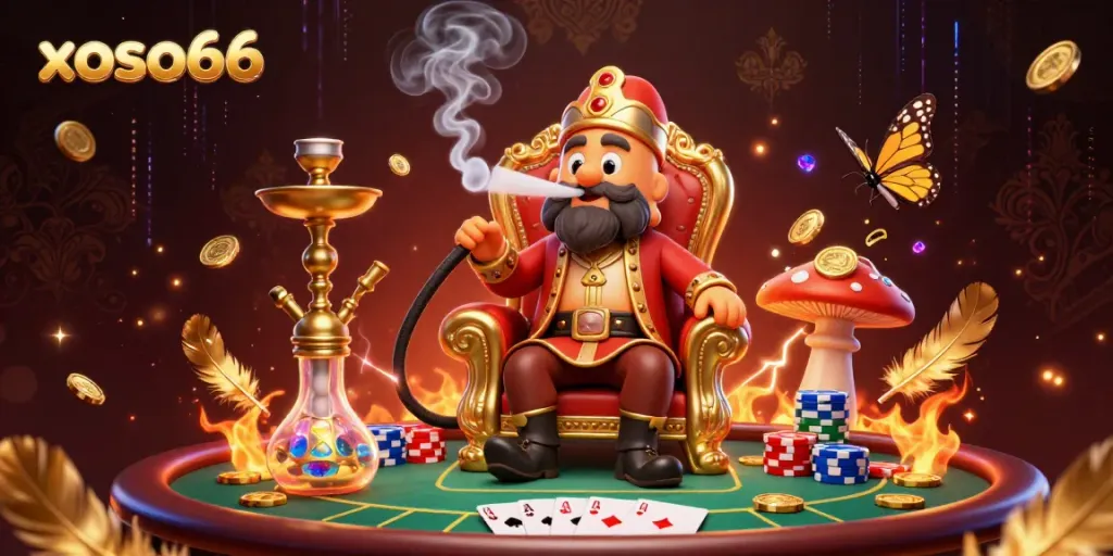 Engage with xoso66 in a vibrant 3D scene featuring a cartoon caterpillar poker master amidst golden gambling elements.