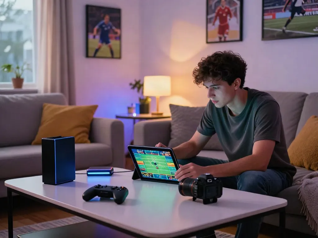 Engaging in live sports betting at home using https://fabet.com.mx/ showcased in a cozy setting.