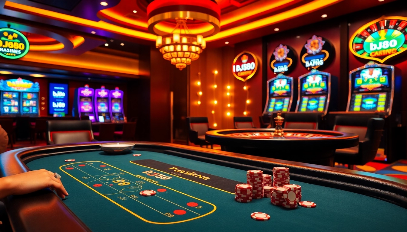 Players enjoying the excitement at a bj88 casino table with vibrant lights and luxury ambiance.