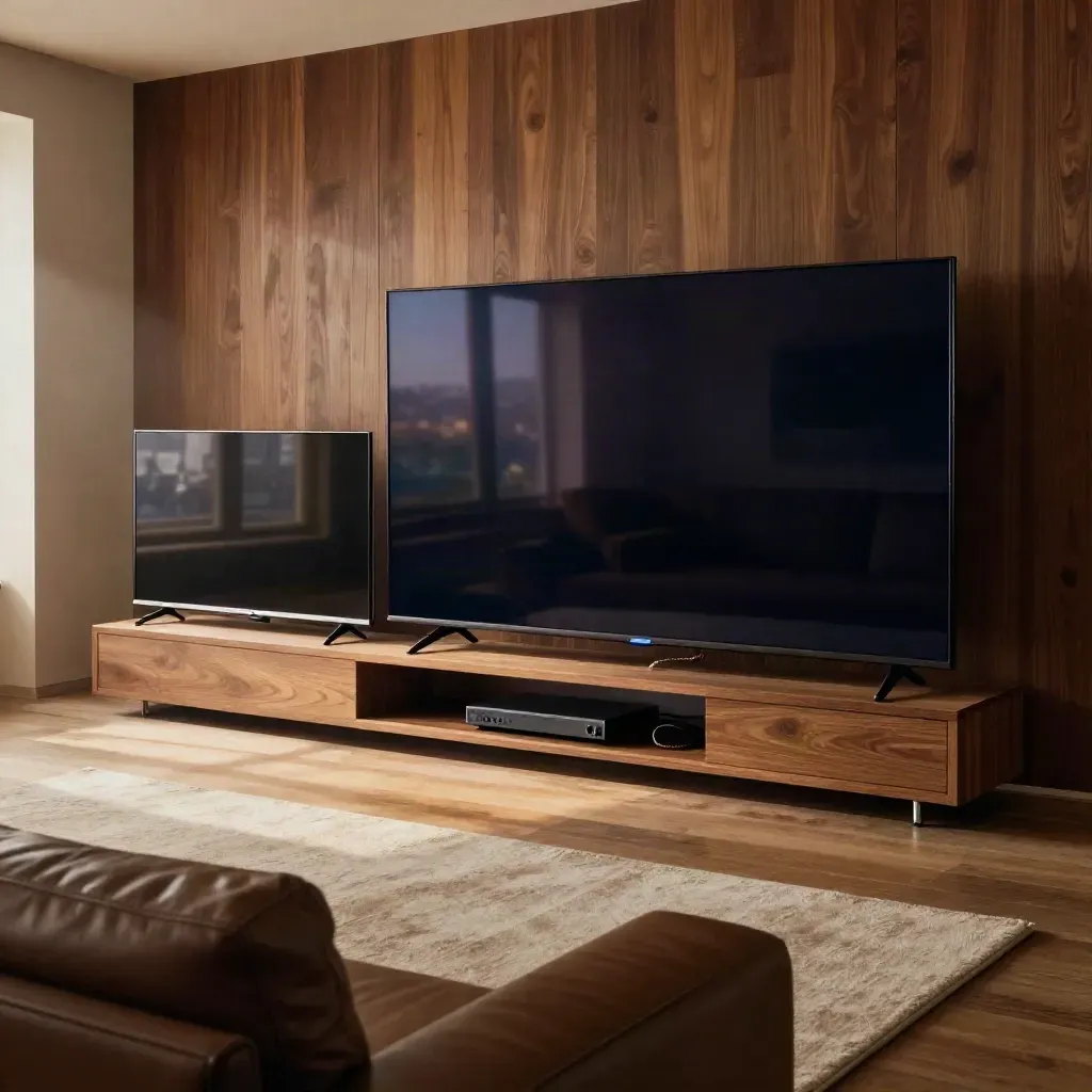 Moderní obývák se dvěma velkými televizemi, soundbarem a konzolí při večerním ladění