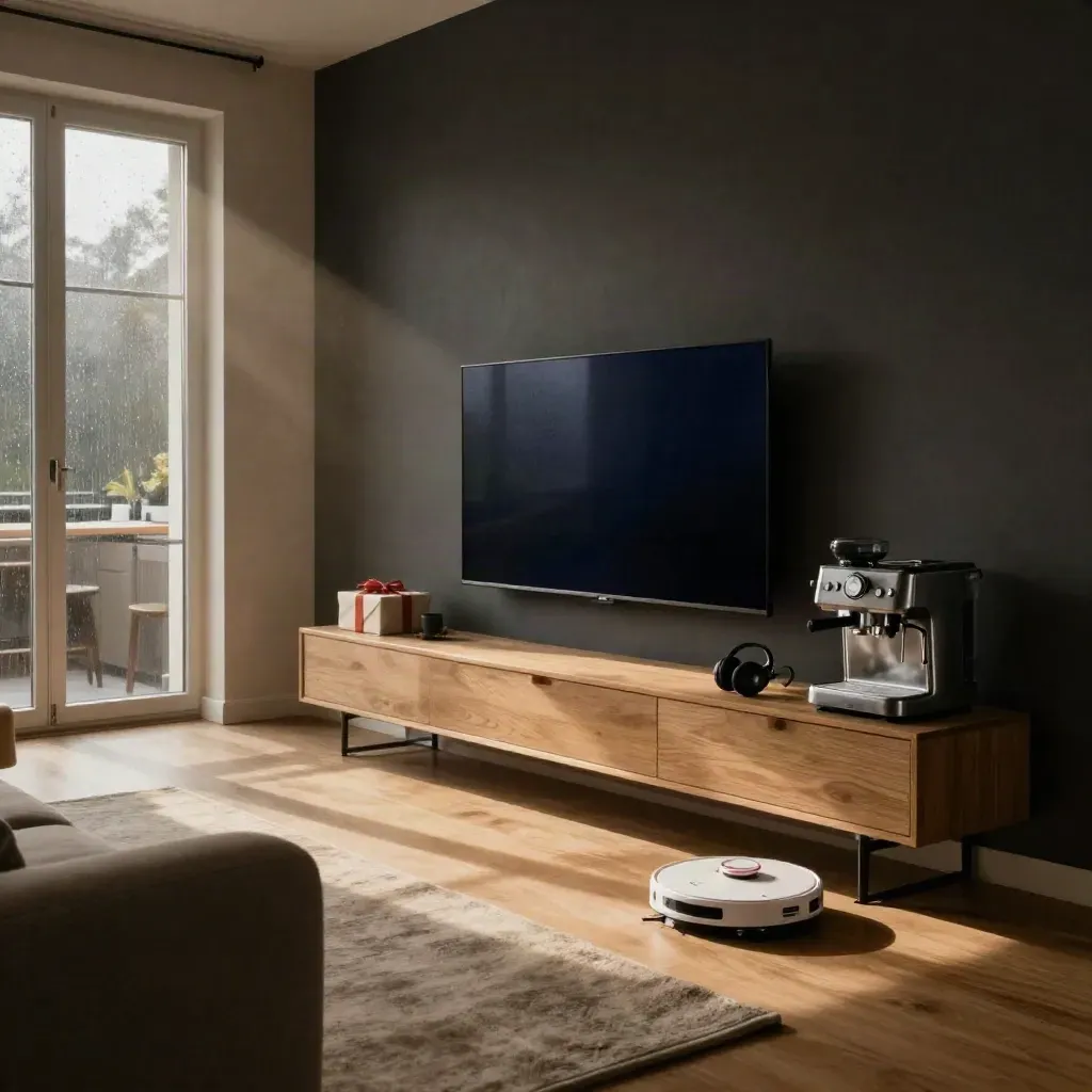 Obývák s OLED TV, robotickým vysavačem, kávovarem a dárky v dešti.