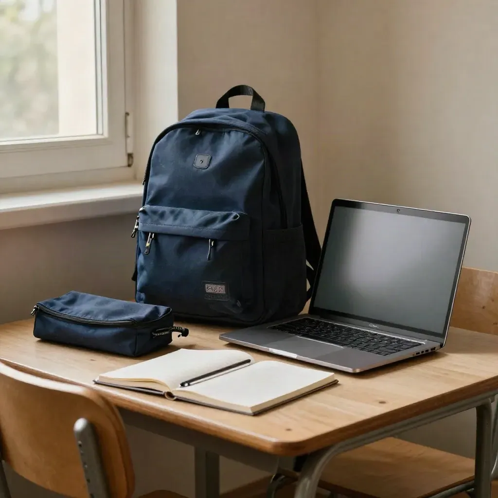Školní laptopy, batoh a pouzdro v útulném studijním koutě u okna.