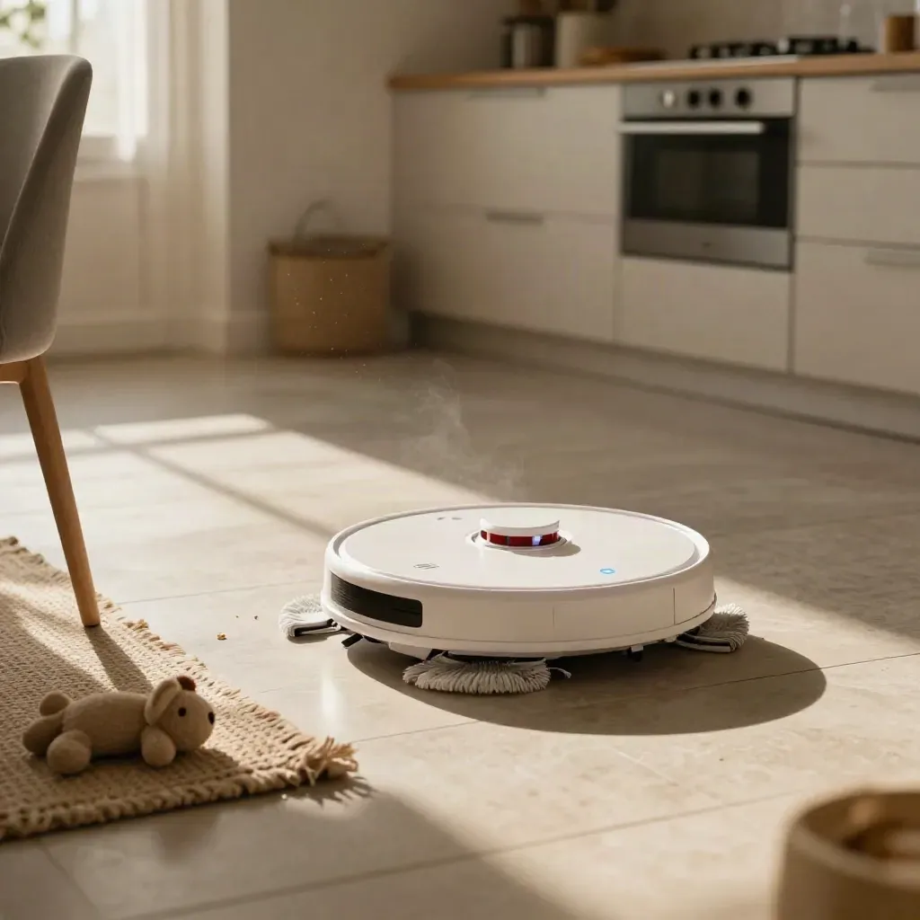 Robotický vysavač s mopem zatáčí u okraje koberečku v kuchyni na světlé dlažbě.