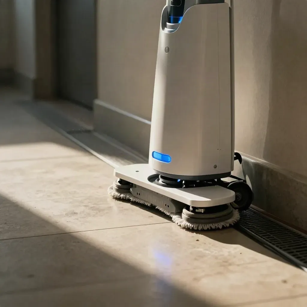 Robotický mop zatočený u běhounu vedle dokovací stanice na světlé dlažbě.