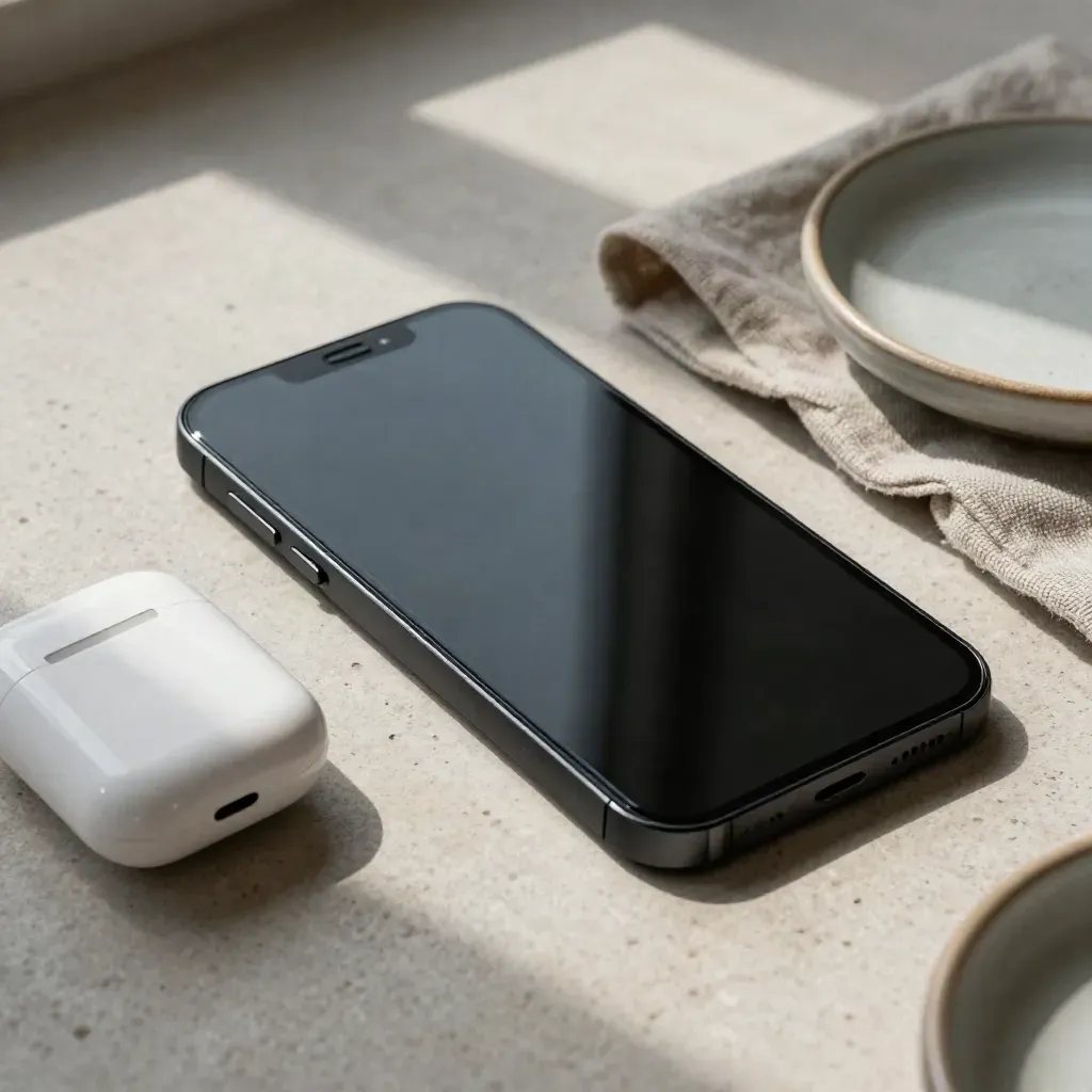Matný smartphone, sluchátka, lněná látka a miska na kameni v klidném top-down záběru.