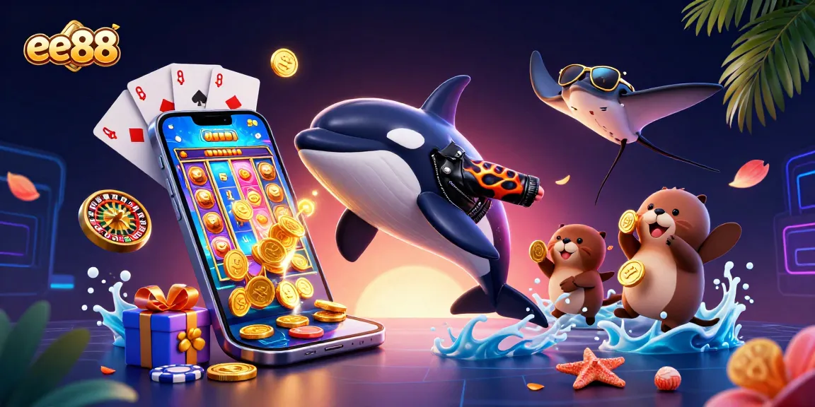 Bet big with ee88 while enjoying a dynamic 3D casino scene featuring vibrant characters and games.