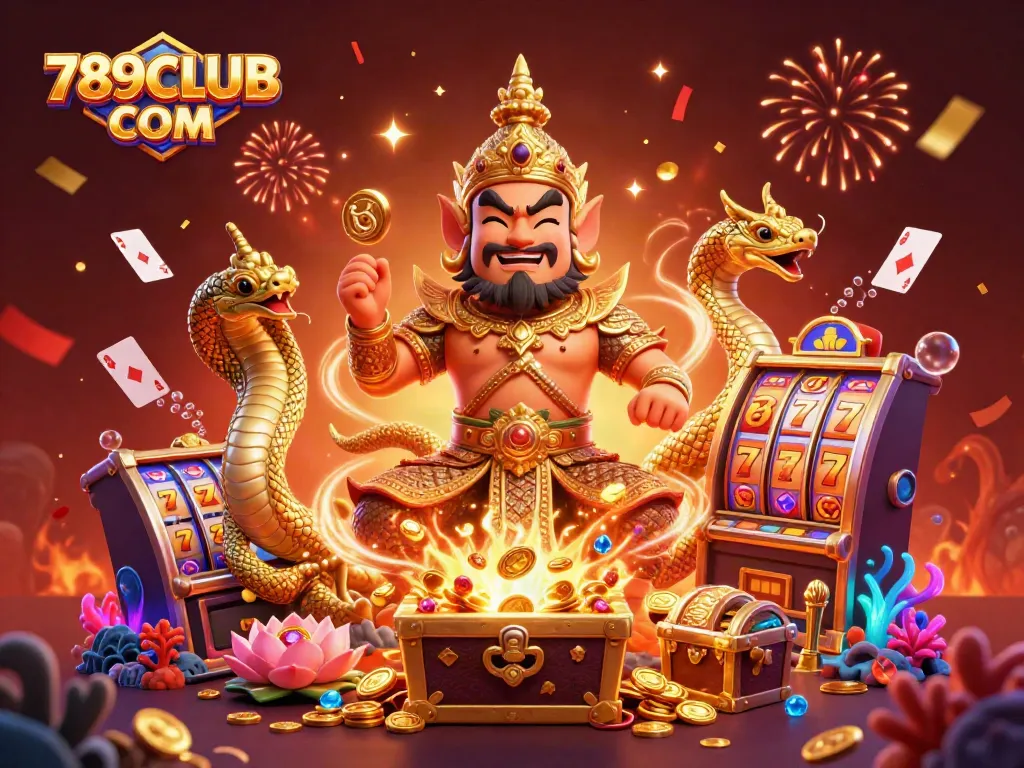 Engage with 789CLUB COM featuring thrilling 3D characters amidst colorful casino elements and treasures.