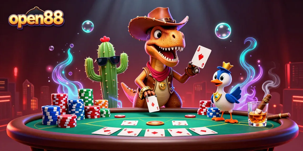 Experience the thrill of open88 with a lively poker-themed 3D illustration featuring vibrant characters.