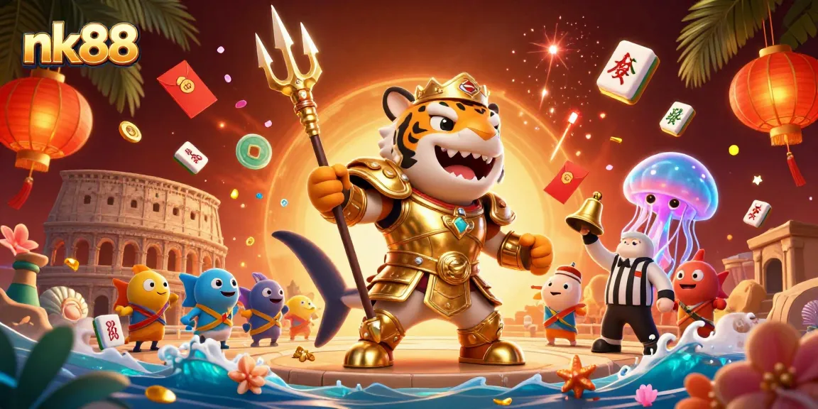 Experience thrilling slots at nk88 with a vibrant underwater gaming illustration featuring golden elements.