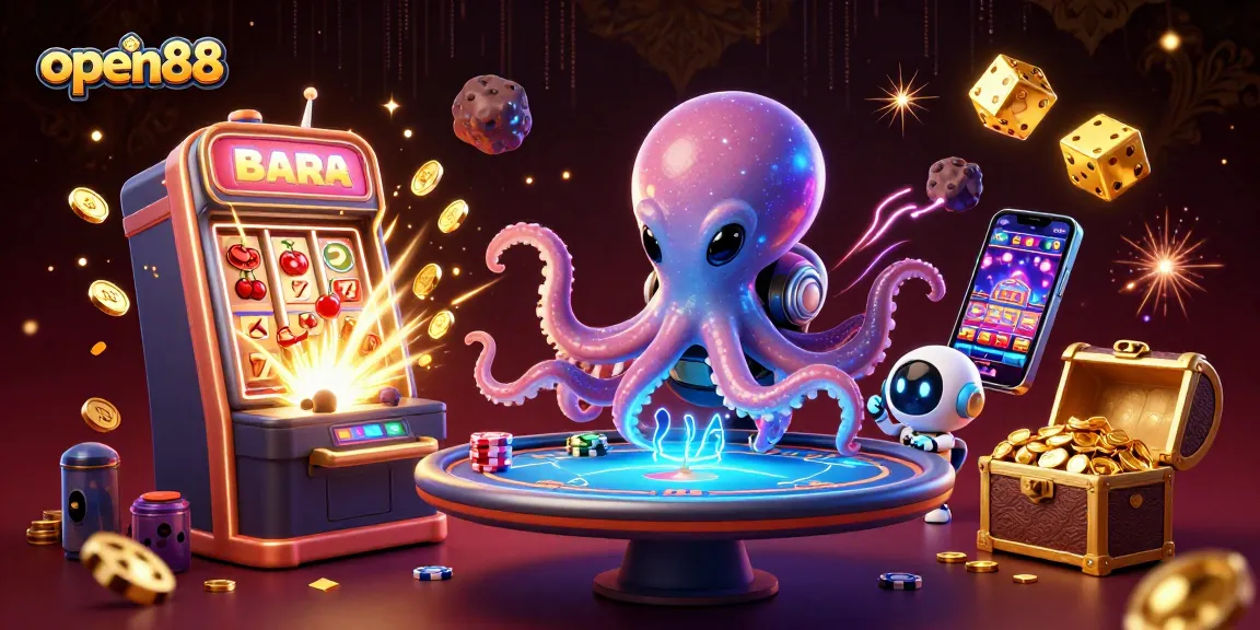 Experience thrilling gameplay with open88 highlighted in a vibrant 3D alien casino scene.