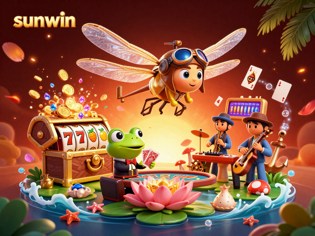 Experience sunwin thrills at a vibrant lily pad casino with cartoon characters, treasure, and slot games.