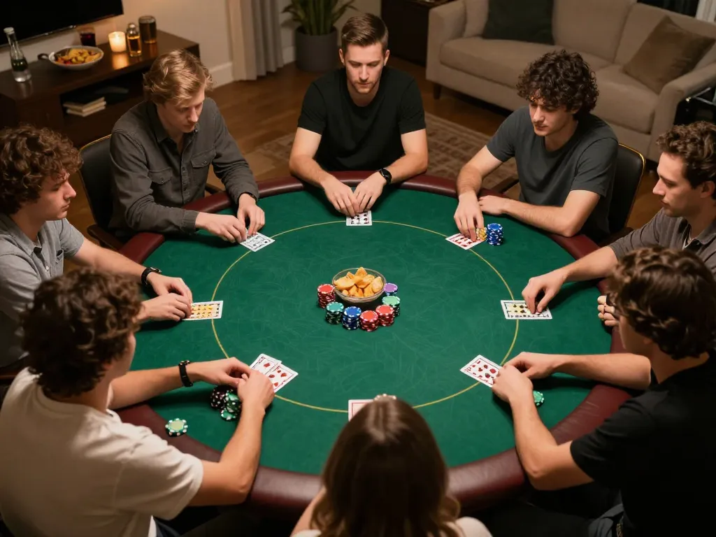 Players strategizing and placing bets during a thrilling poker night at jun88, showcasing vibrant chips and a cozy atmosphere.