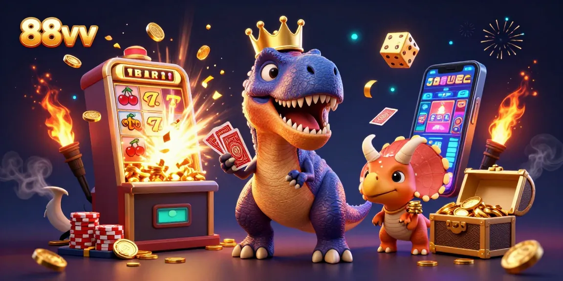 Experience thrilling moments with 88vv as friendly dinosaurs play cards and stack chips in a vibrant casino.
