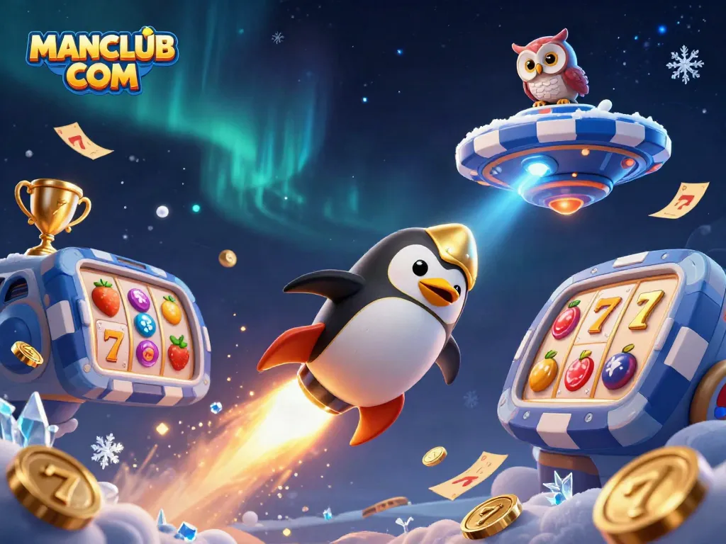 Engage with the thrilling gaming universe of MANCLUB COM featuring a golden penguin and vibrant casino elements.