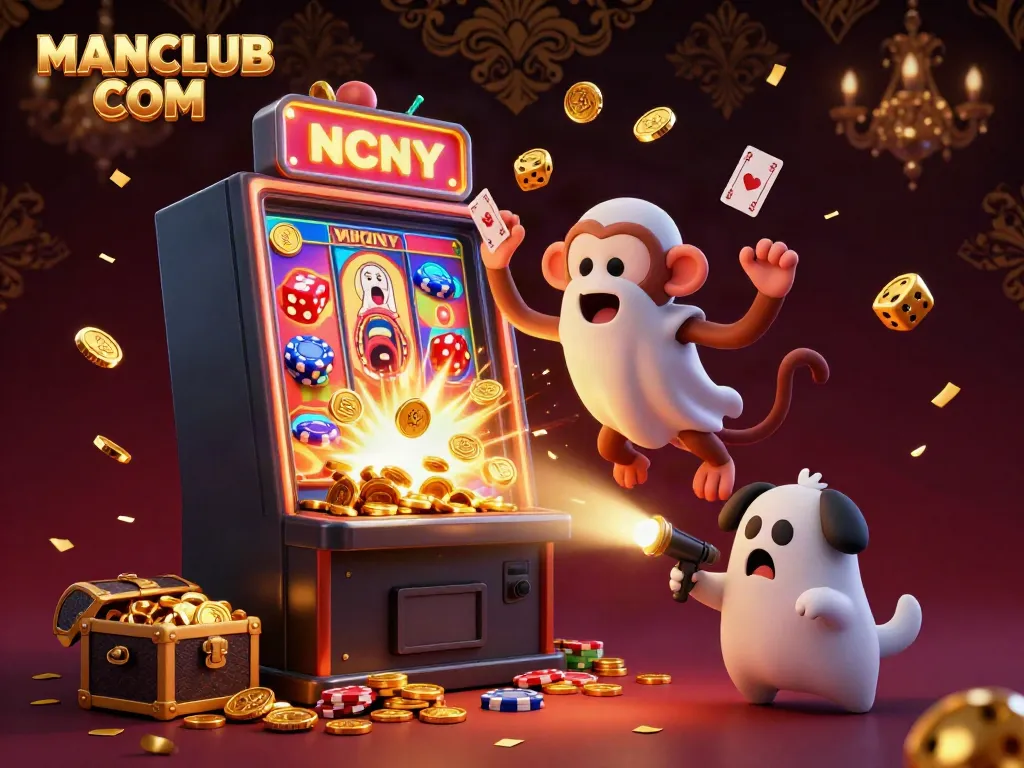 Experience the vibrant action at MANCLUB COM with a playful poltergeist monkey and a ghost-hunter puppy in a casino.
