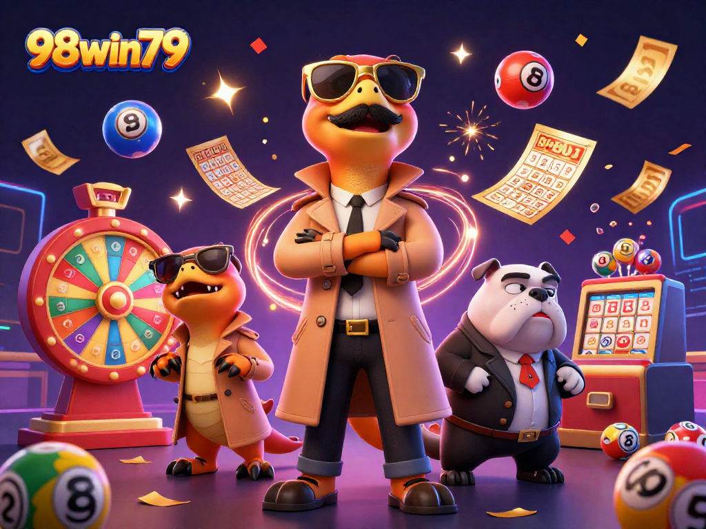 See three raptors in a trench coat trying to enter a casino as 98win79 bursts with dynamic elements