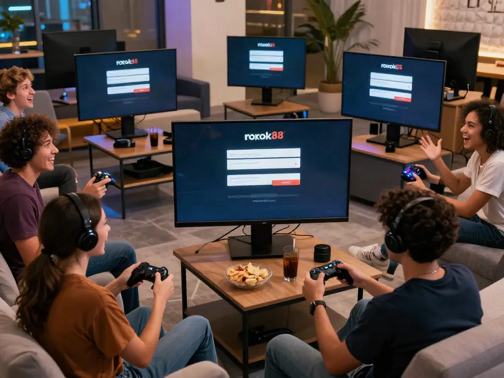 Friends enjoying a gaming night together with rokok88 slot login on screen, snacks and drinks surrounding them.