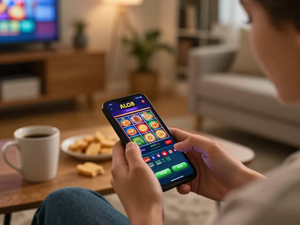 Player using ALO8 app on smartphone with engaging casino interface at home, enjoying online gaming experience.