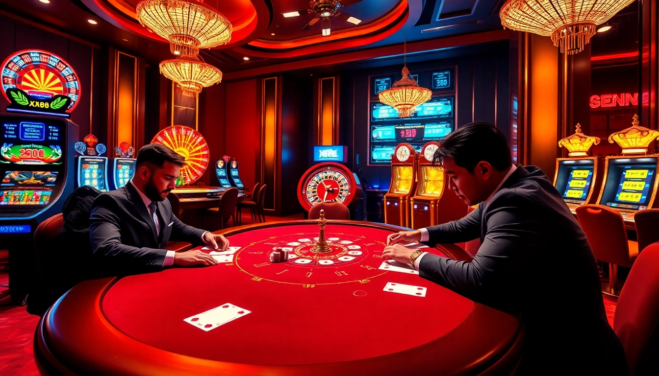 XX88 online gamblers enjoying a thrilling game at a vibrant casino table with poker chips and cards.