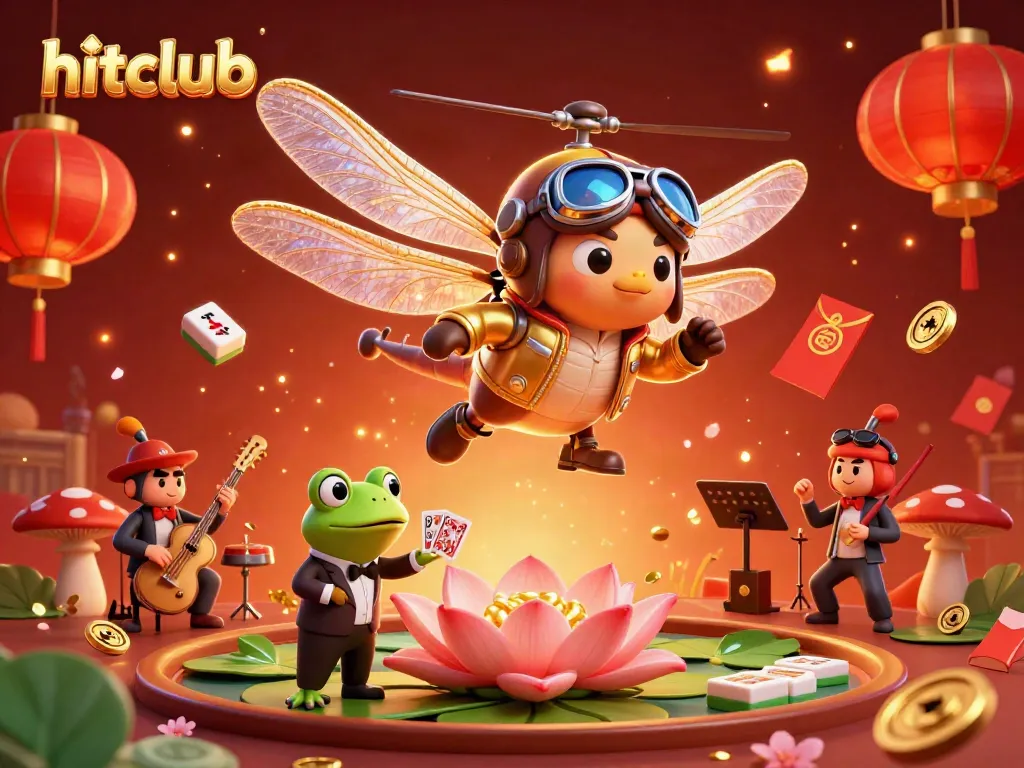 Engage in the hitclub experience with a lively casino scene featuring a dragonfly helicopter pilot and frog croupier.