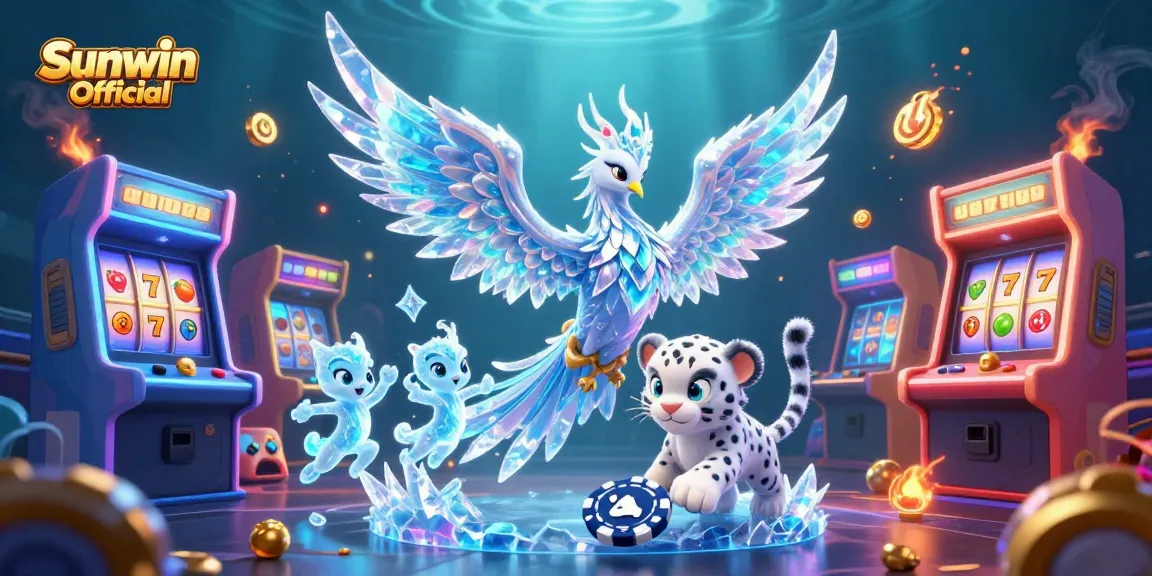 Experience vibrant gameplay with Sunwin Official, featuring an ice phoenix, snow leopard, and slot elements in an engaging casino scene.