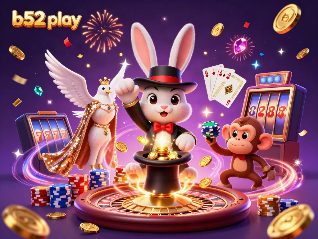 Experience magical moments in b52 play with the magician rabbit, dove, and monkey amidst cascading casino treasures.