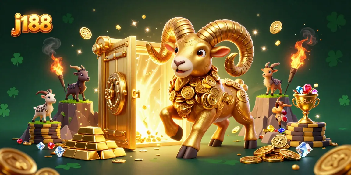 Engage in thrilling activities at j188 with a golden ram character charging toward treasures.