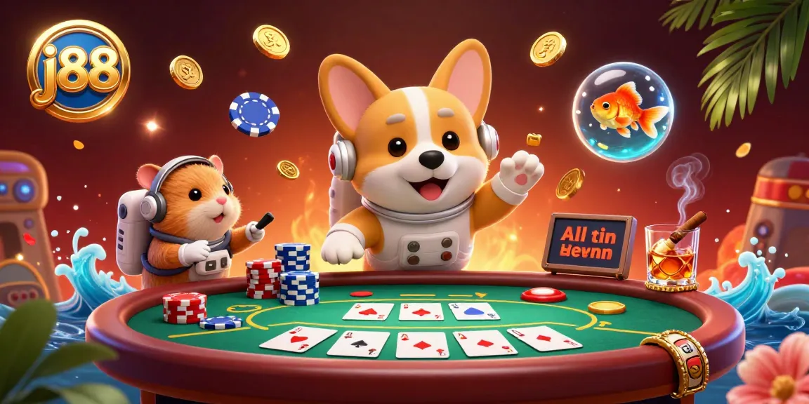Experience j88's thrilling poker action in a vibrant 3D space casino scene with floating characters.