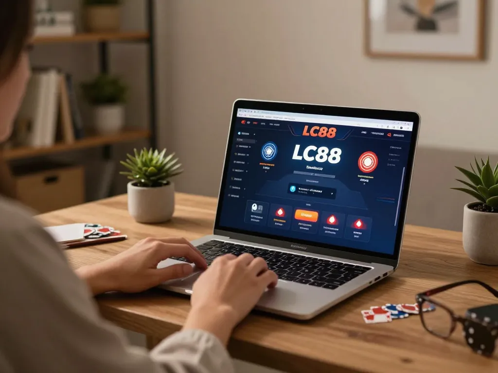 Engage with LC88's online poker platform, showcasing a stylish home gaming setup.
