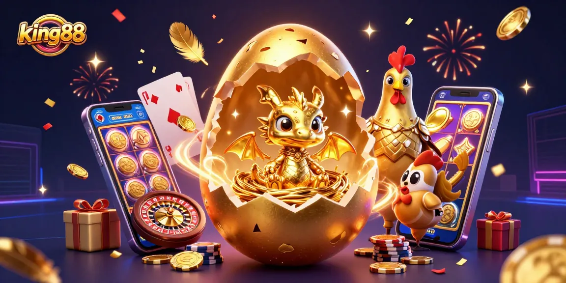 Engage in king88 online gaming with a golden dragon and vibrant casino elements.