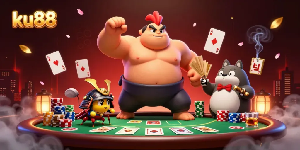 ku88 game scene with a powerful sumo rooster and a fierce samurai cricket in a vibrant casino setting