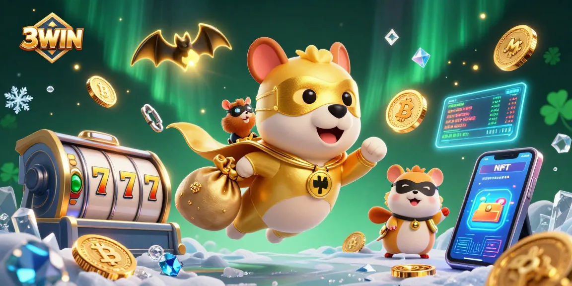 3WIN superhero dog flies with gold coins amongst slots and crypto-themed elements.