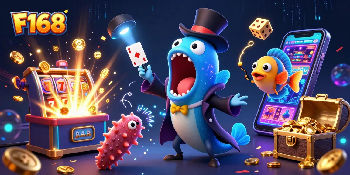 F168 casino scene showcasing a bioluminescent eel magician with slot machines, dynamic gambling elements.