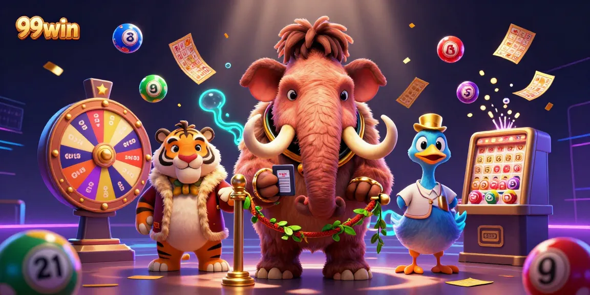 Experience the thrilling world of 99win with vibrant lottery elements and characters in a dynamic casino scene.
