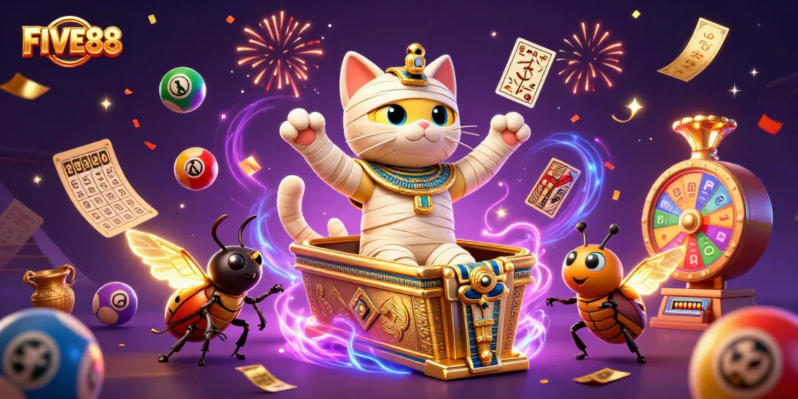 Engage in exciting games at FIVE88 with vibrant celebrations, dynamic lottery elements, and a thrilling casino atmosphere.