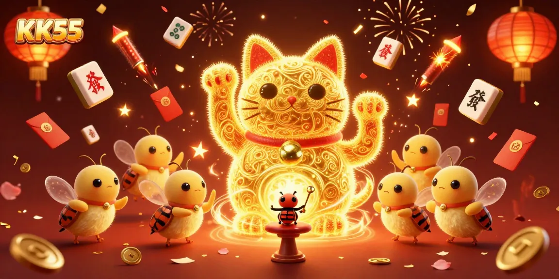 Experience the thrilling KK55 gaming adventure with a dynamic lucky cat illustration surrounded by festive symbols.