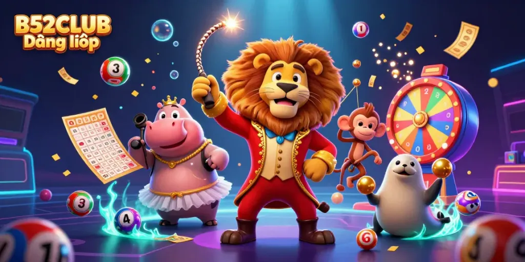 Experience exciting gameplay with vibrant elements in the B52CLUB Đăng nhập circus-inspired illustration.