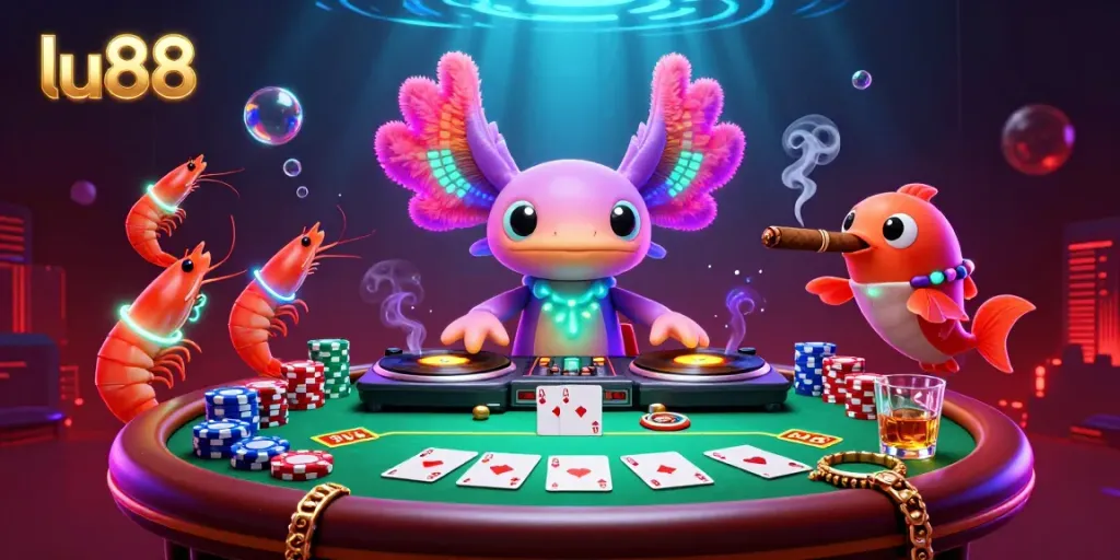 Experience the vibrant world of lu88 with a neon axolotl DJ and dynamic gambling elements, all in a colorful underwater scene.