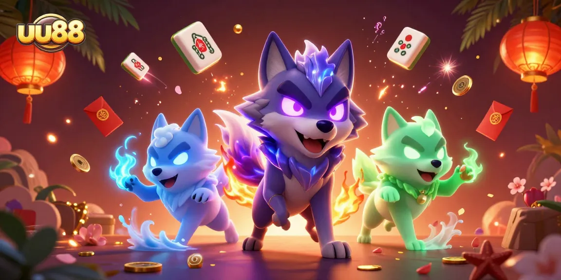 Engage in thrilling gaming action with uu88's vibrant 3D illustration featuring mystical wolves and casino elements.