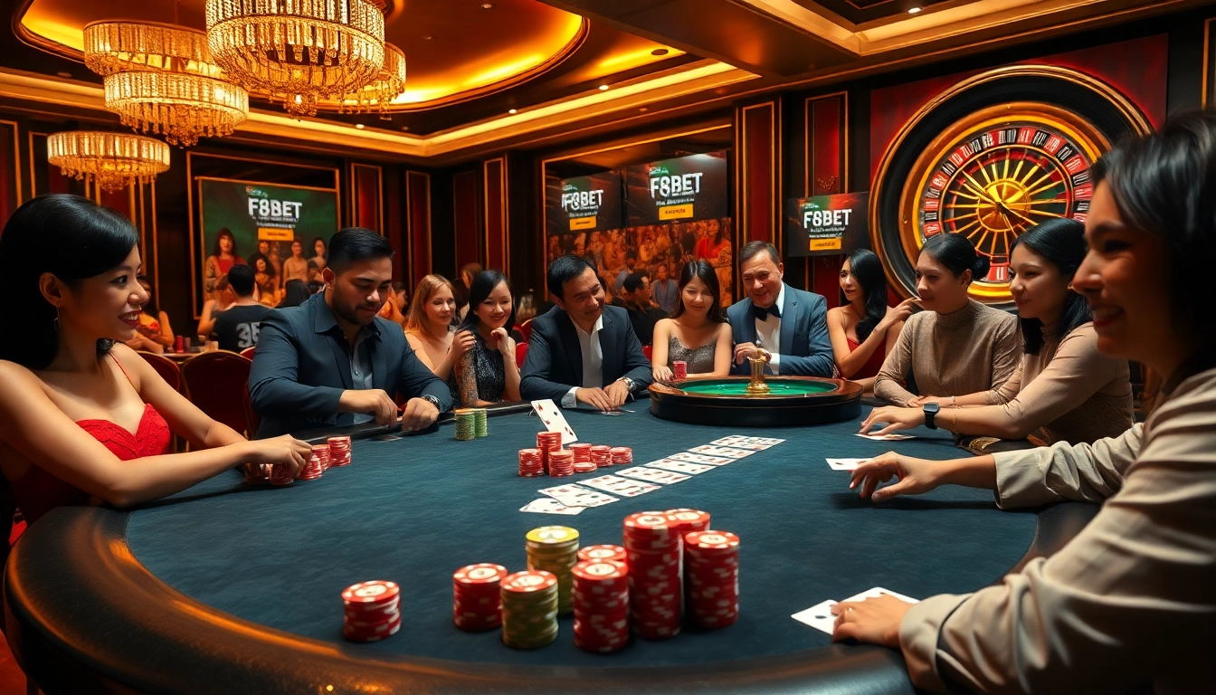Exciting scene at trang chủ f8bet chính thức showcasing intense poker action with vibrant colors and luxurious casino decor.