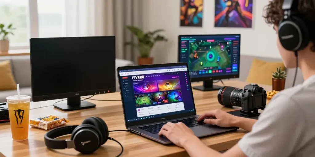 Engaging home gaming scene showcasing the FIVE88 platform with vibrant visuals and lively atmosphere.