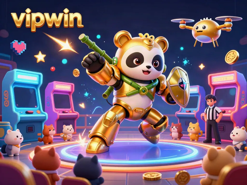 Engage with the exciting vipwin casino scene featuring a golden panda piloting a robot against a vibrant arcade backdrop.