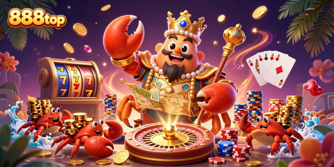 Experience the excitement of 888top with a golden crab emperor amidst dynamic casino elements.
