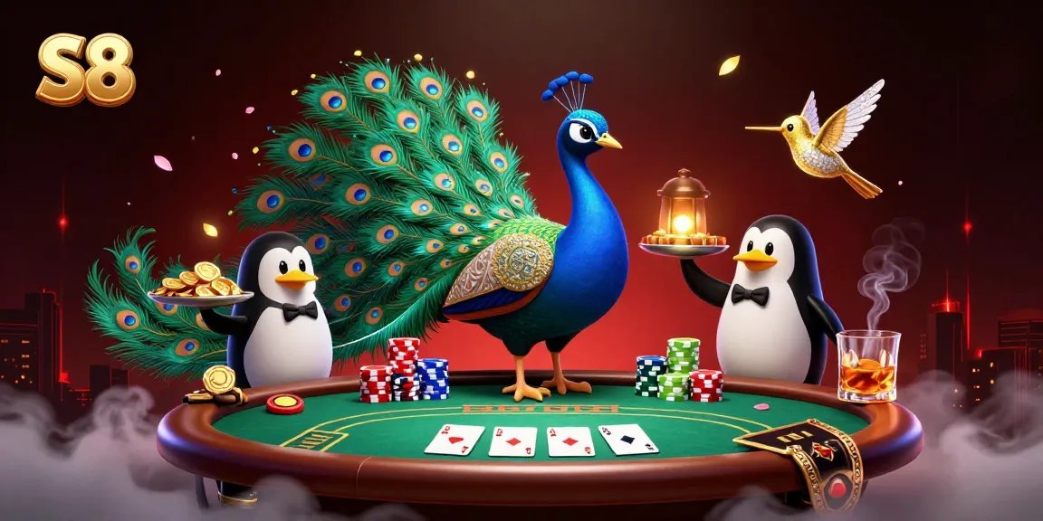 Experience S8's vibrant casino allure featuring a peacock, penguin, and hummingbird amid poker excitement.