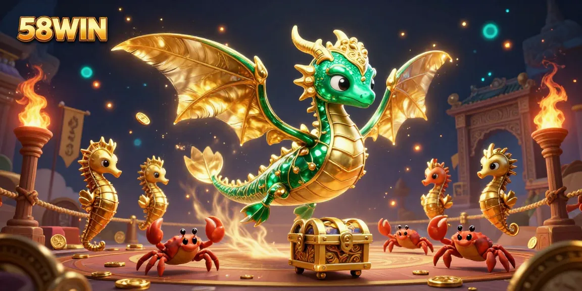 Engage in exciting gameplay at 58WIN with a vibrant 3D illustration of a sea dragon amidst golden treasures.