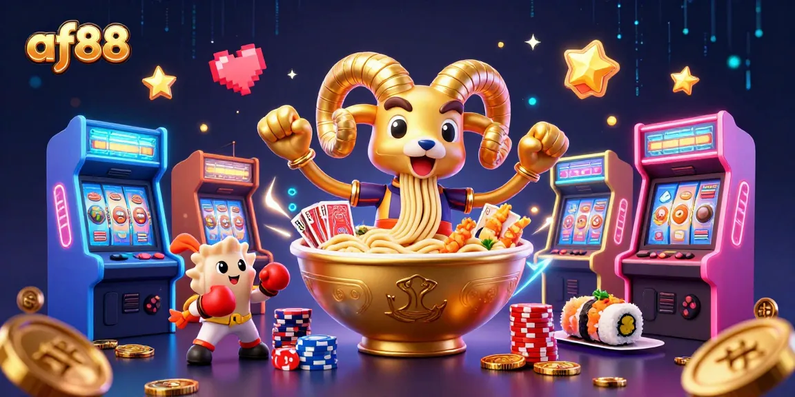 Engage in thrilling gameplay with af88 as a giant ramen bowl stacks chips and deals cards.